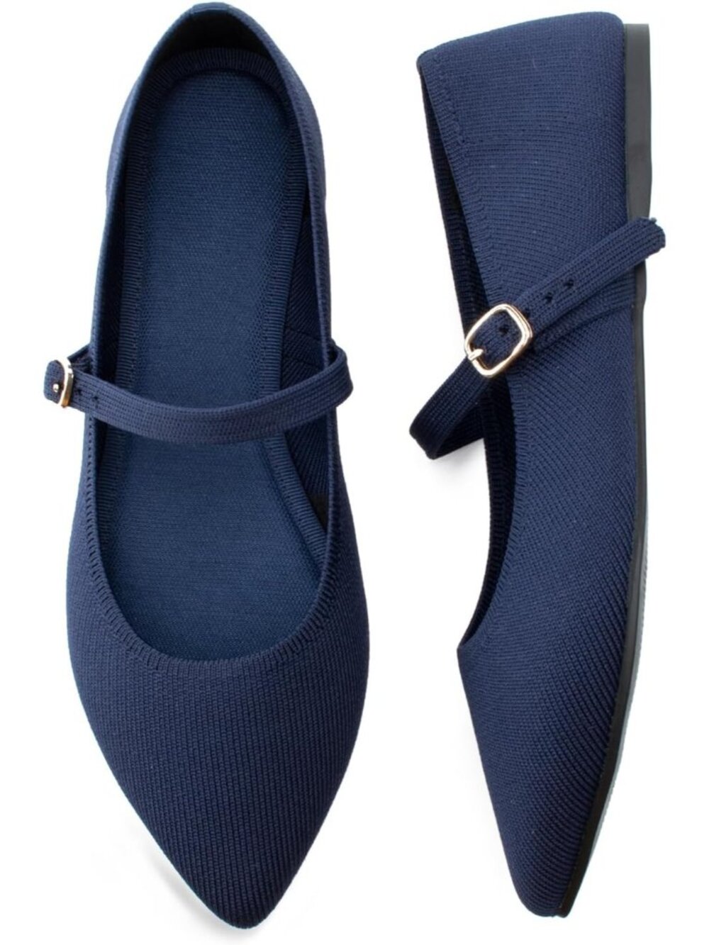 Womens Navy Blue Comfortable Pointed Toe Adjustable Strap Knit Ballet Flat Shoes